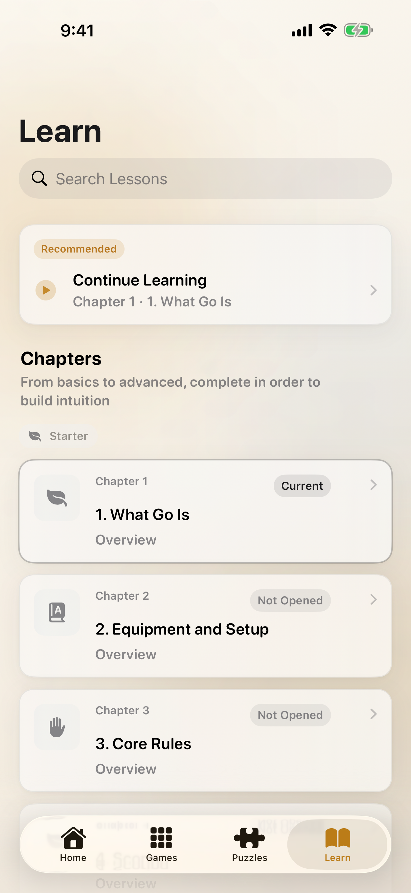 SenseiGo lessons screen
