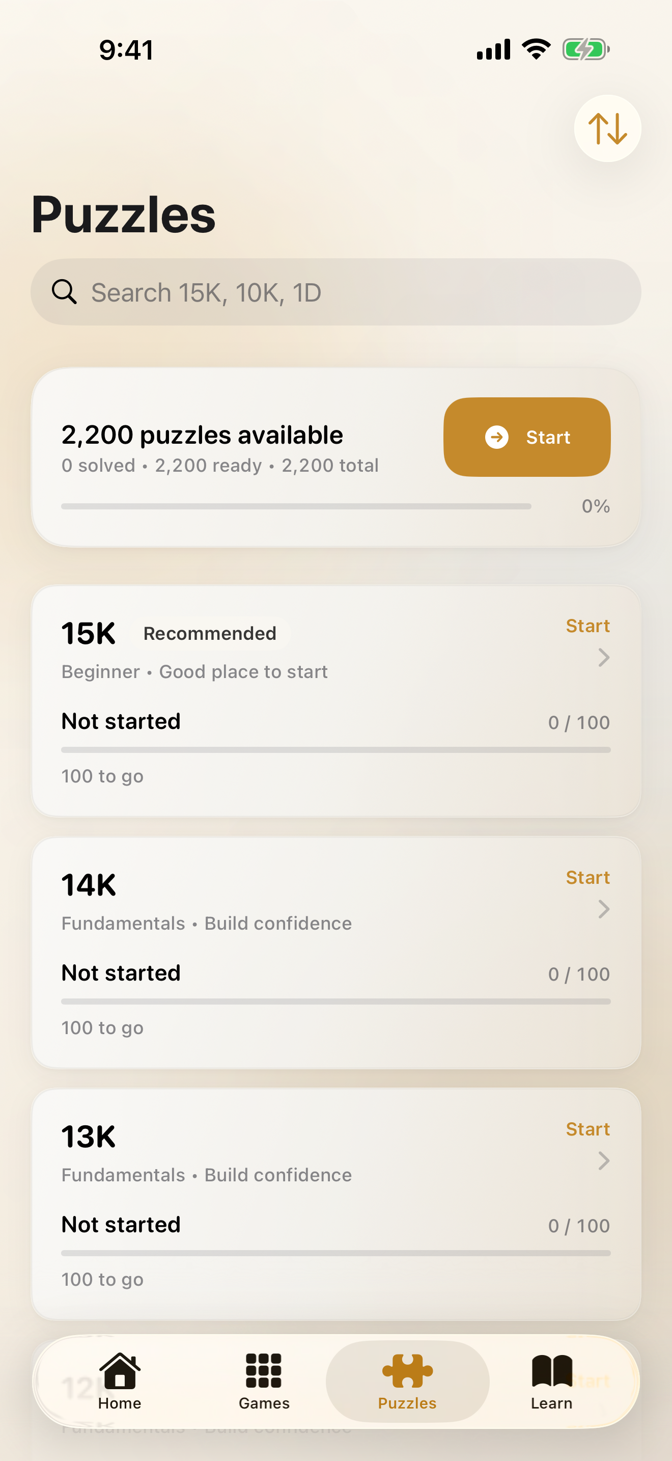 SenseiGo puzzles screen