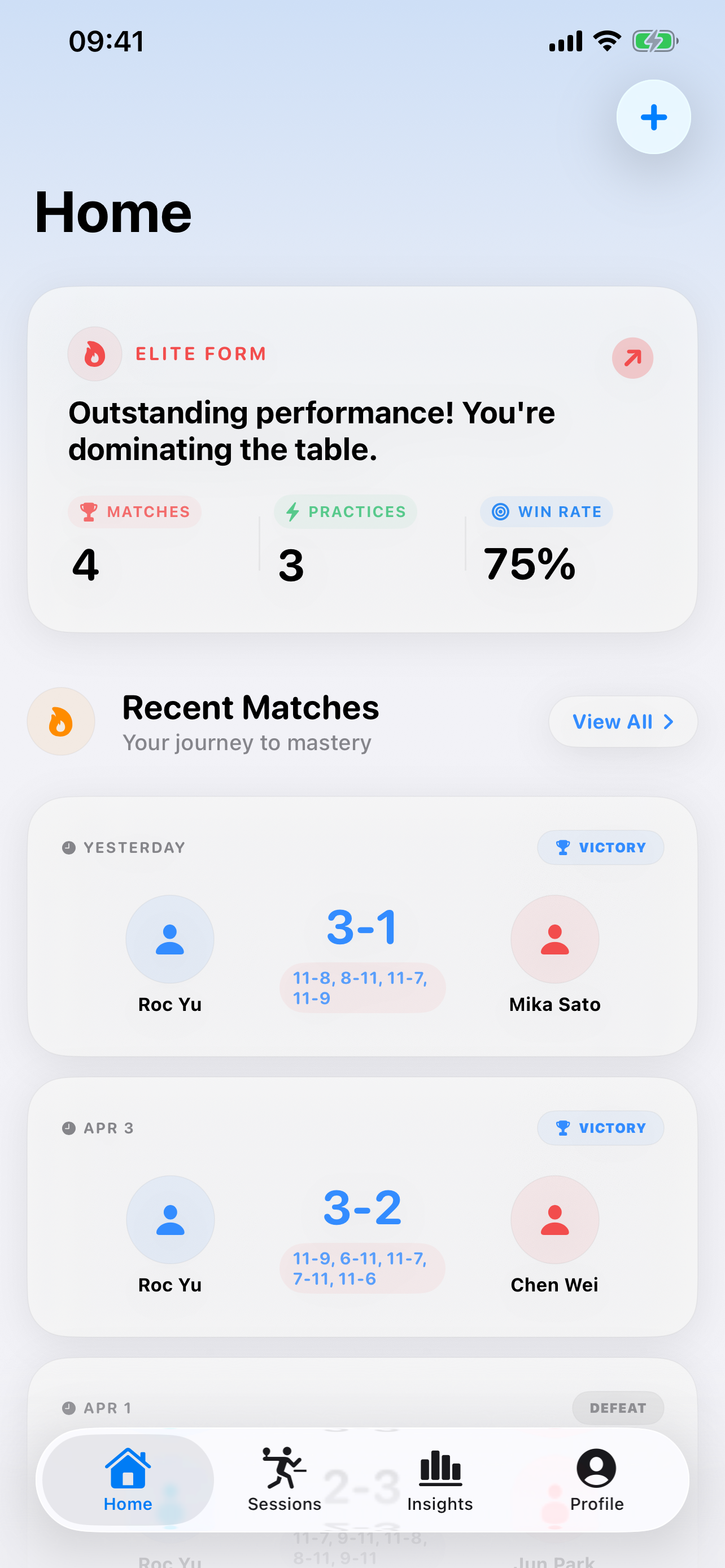 SpinScore TT home dashboard