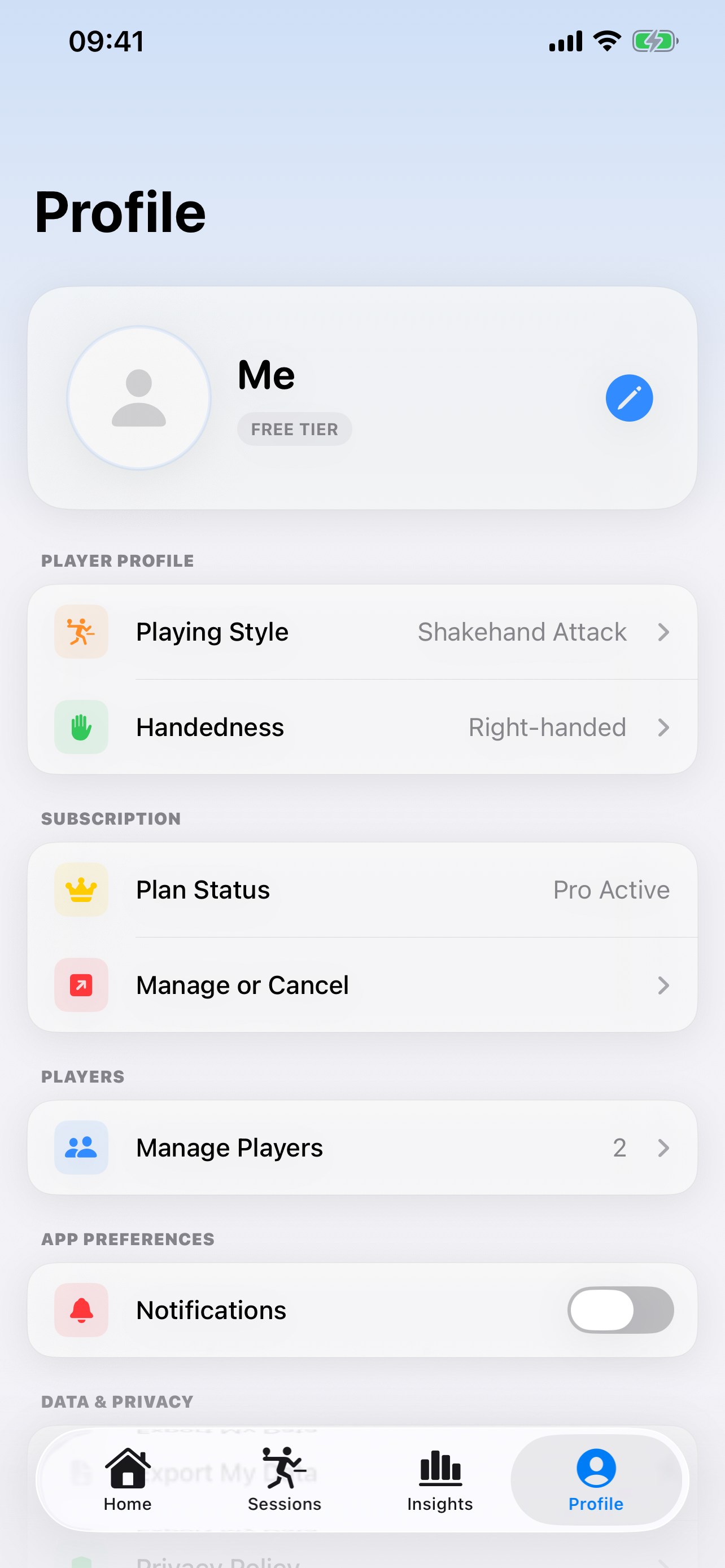 SpinScore TT profile screen