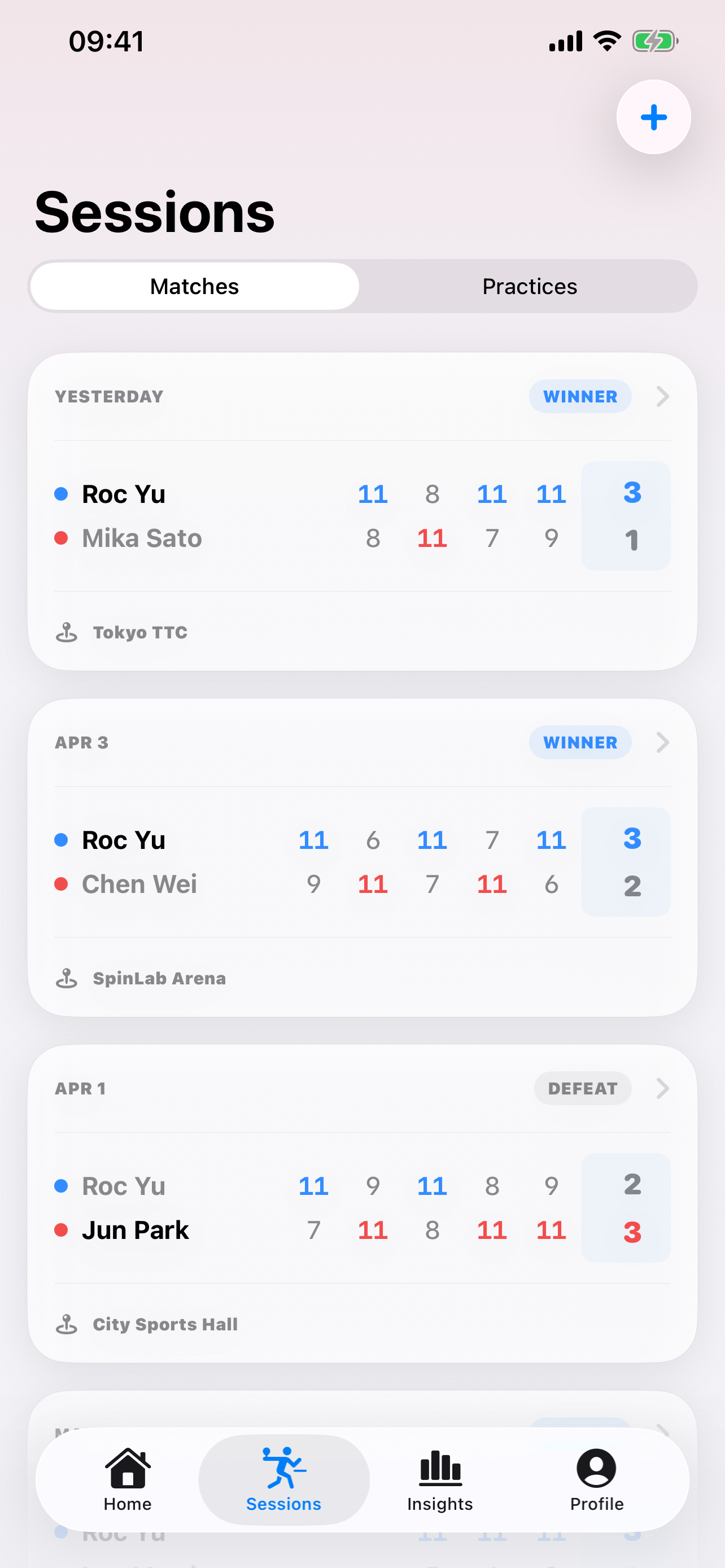 SpinScore TT match sessions screen