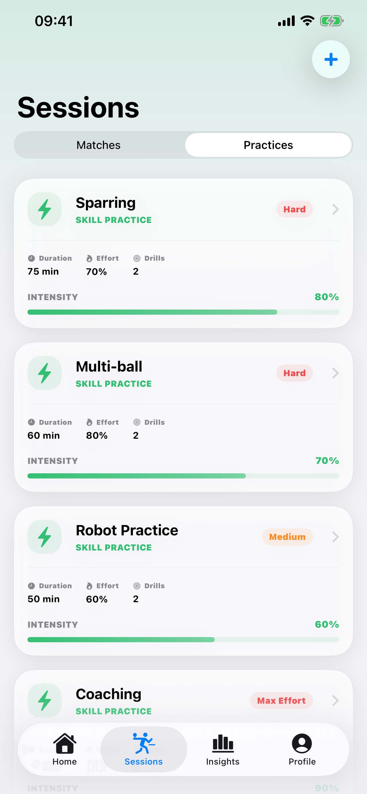 SpinScore TT practices screen