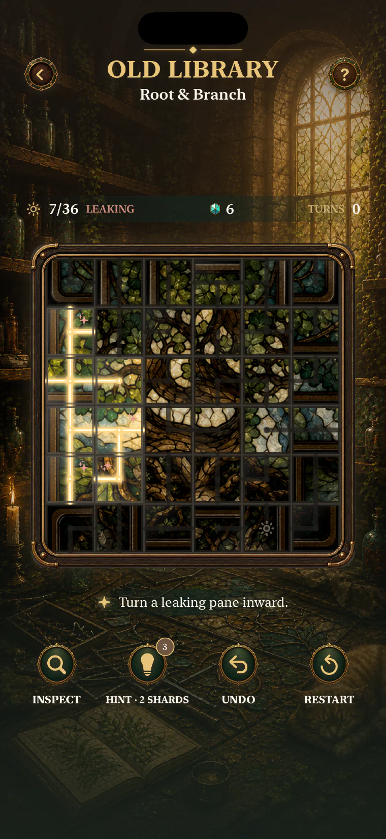 A stained-glass window being routed with golden light