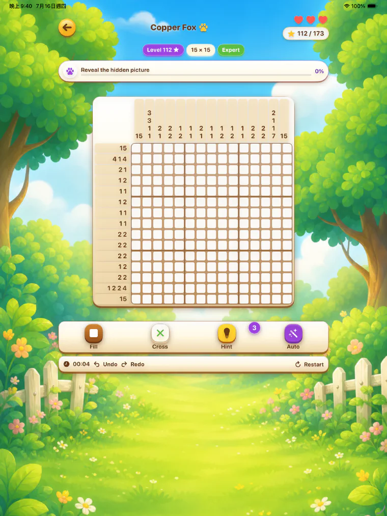 A 10 by 10 nonogram puzzle in progress on iPad
