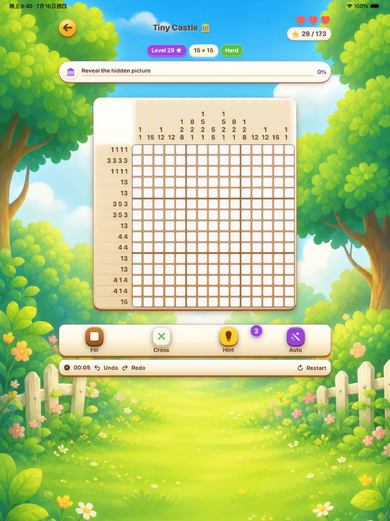 A 15 by 15 nonogram puzzle in progress on iPad