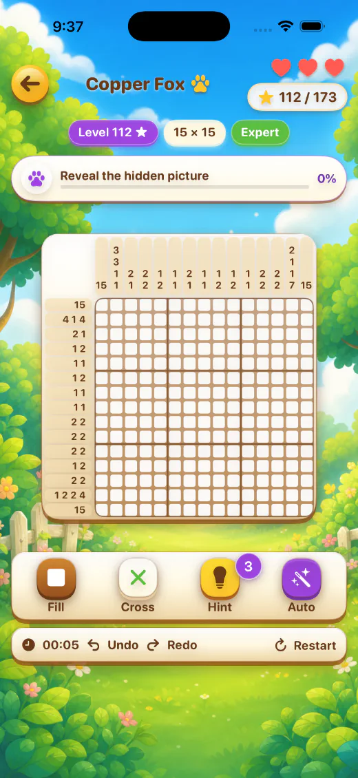 A 10 by 10 nonogram puzzle in progress on iPhone