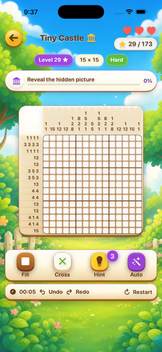 A 15 by 15 nonogram puzzle in progress on iPhone