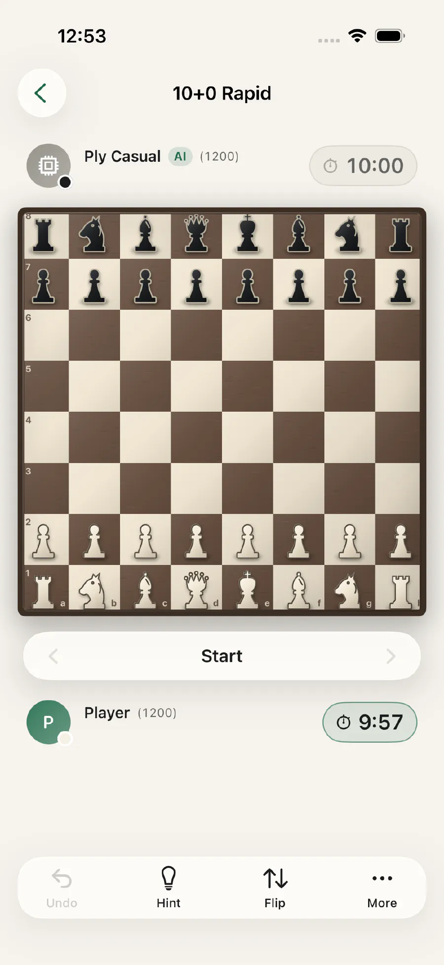 Ply Chess game screen: a chessboard set up for a 10+0 rapid game against the on-device Ply Casual engine