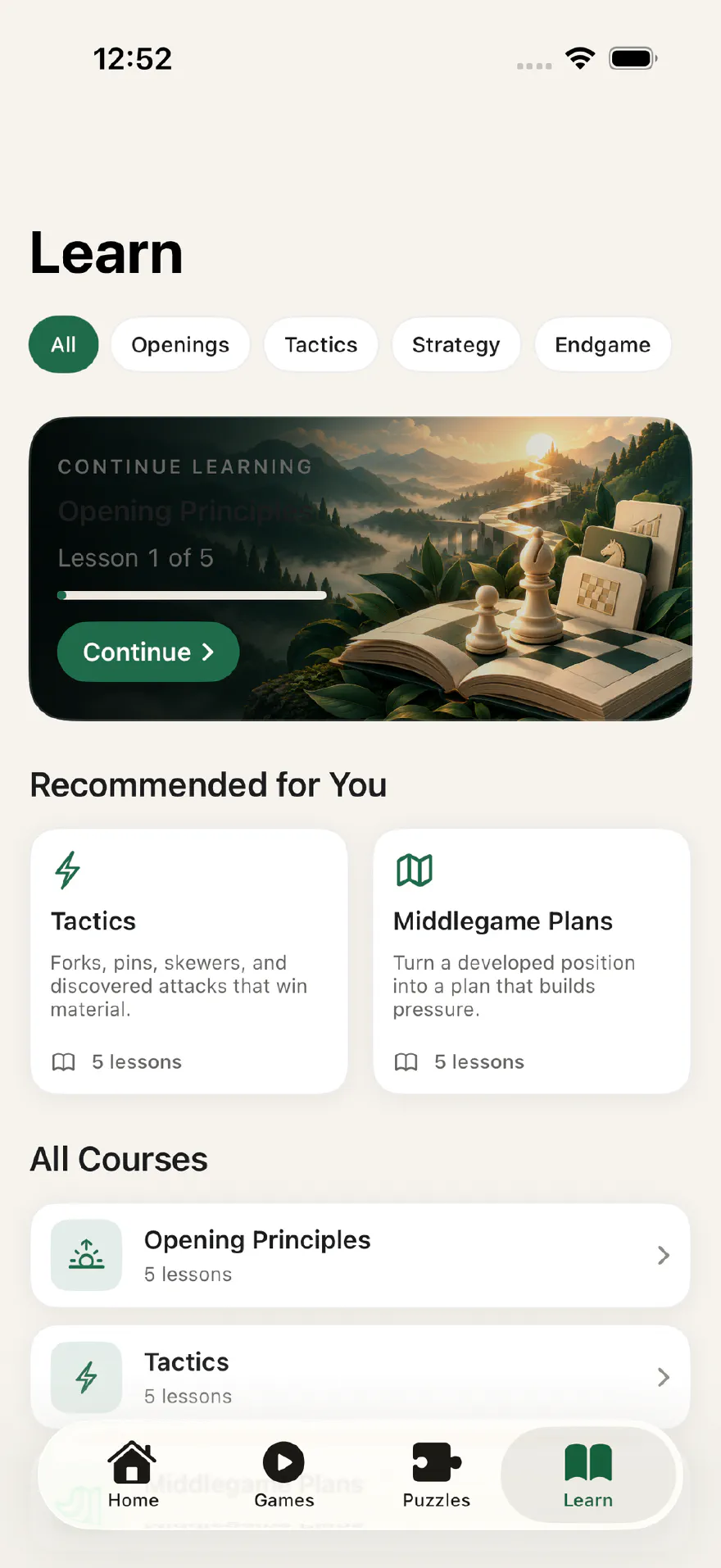 Ply Chess Learn tab listing courses across openings, tactics, strategy and endgame