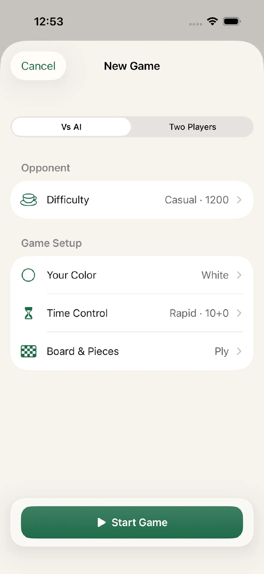 Ply Chess new game sheet with difficulty, colour, time control and board options