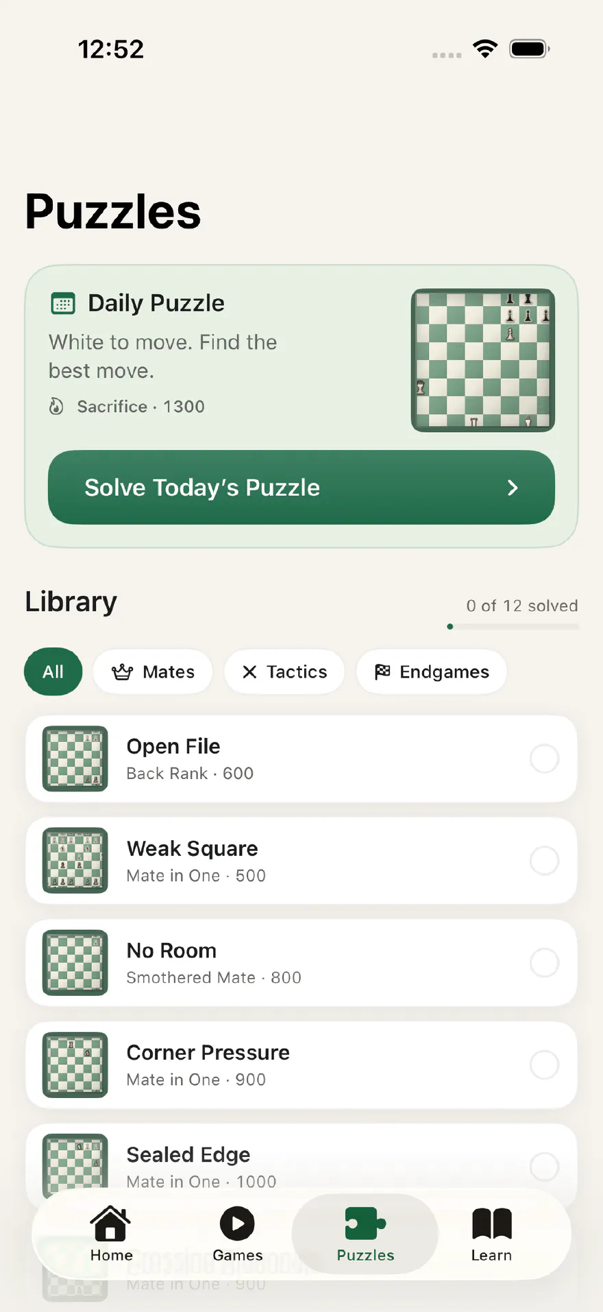 Ply Chess Puzzles tab with the Daily Puzzle and a themed puzzle library