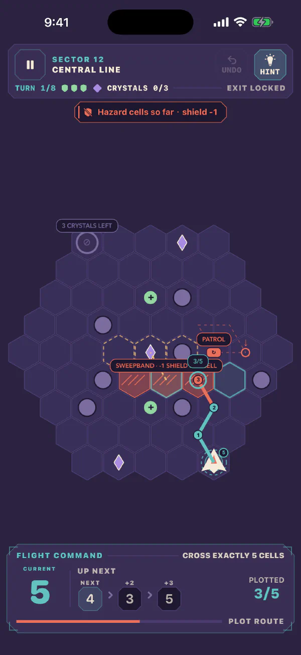A plotted navigation route across a hexagonal star map, with crystals, a jump gate, and a hazard band