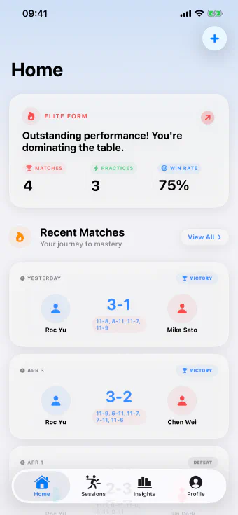 SpinScore TT home dashboard