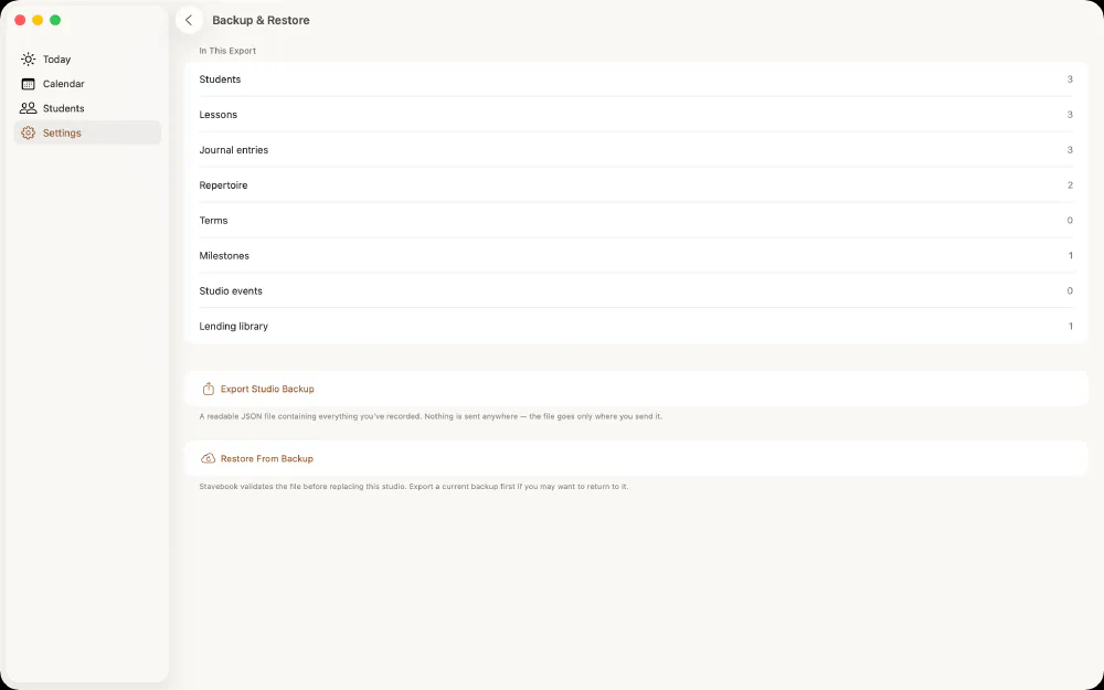 Stavebook's backup and restore options on the Mac