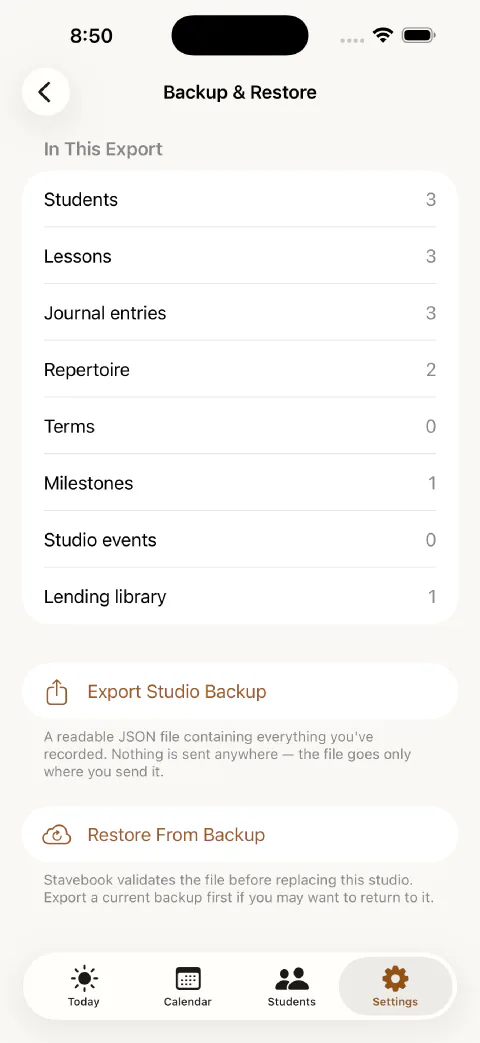 Stavebook's backup and restore options