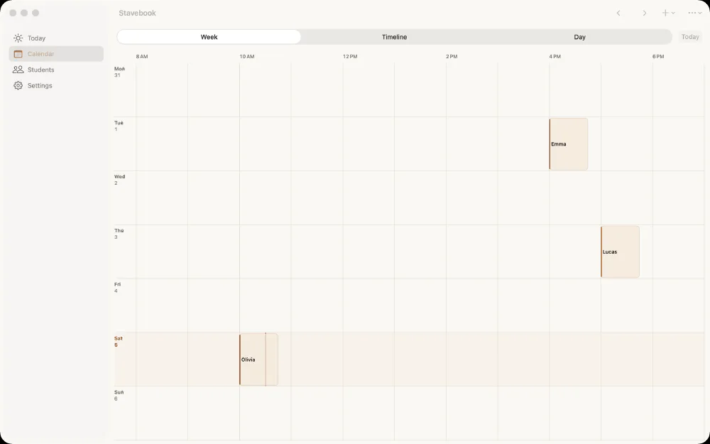 Stavebook's calendar on the Mac showing lessons and studio events
