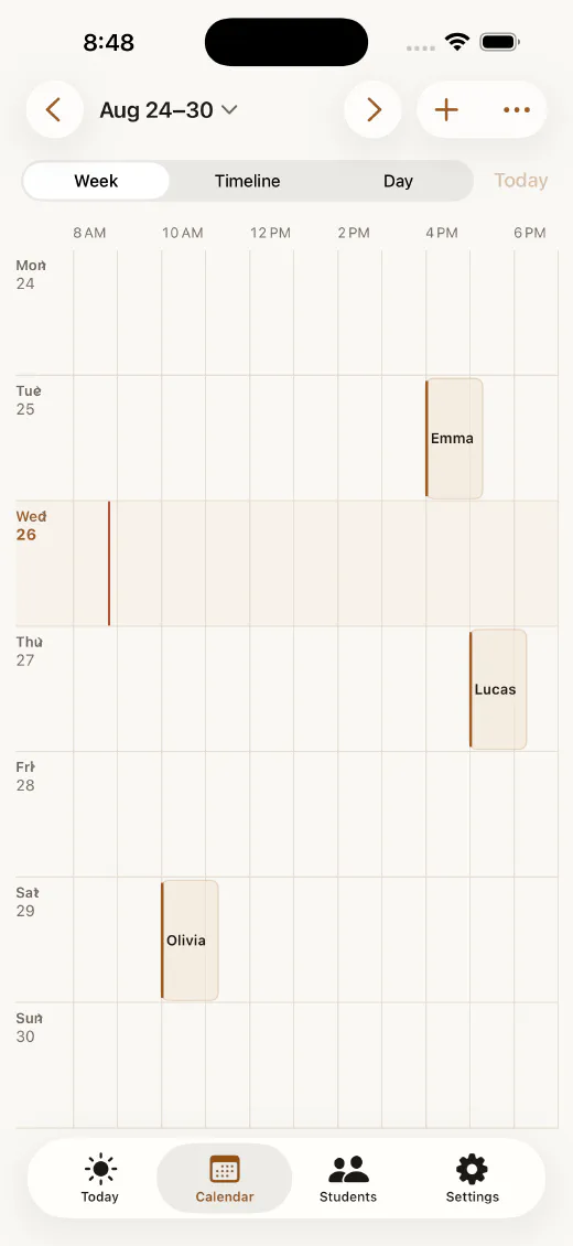 Stavebook's calendar showing lessons and studio events