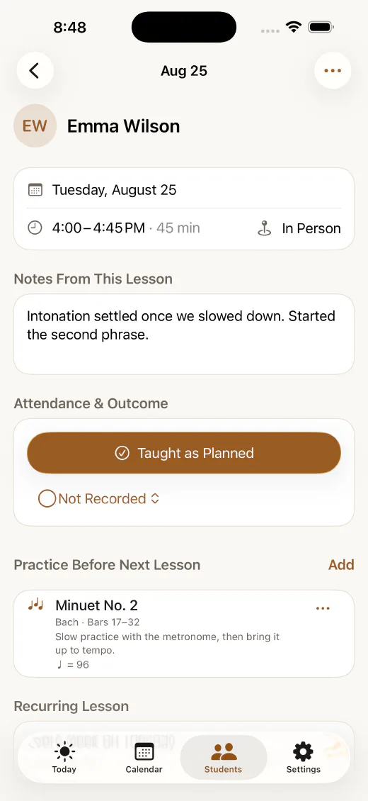 A dated lesson journal entry with practice items and notes