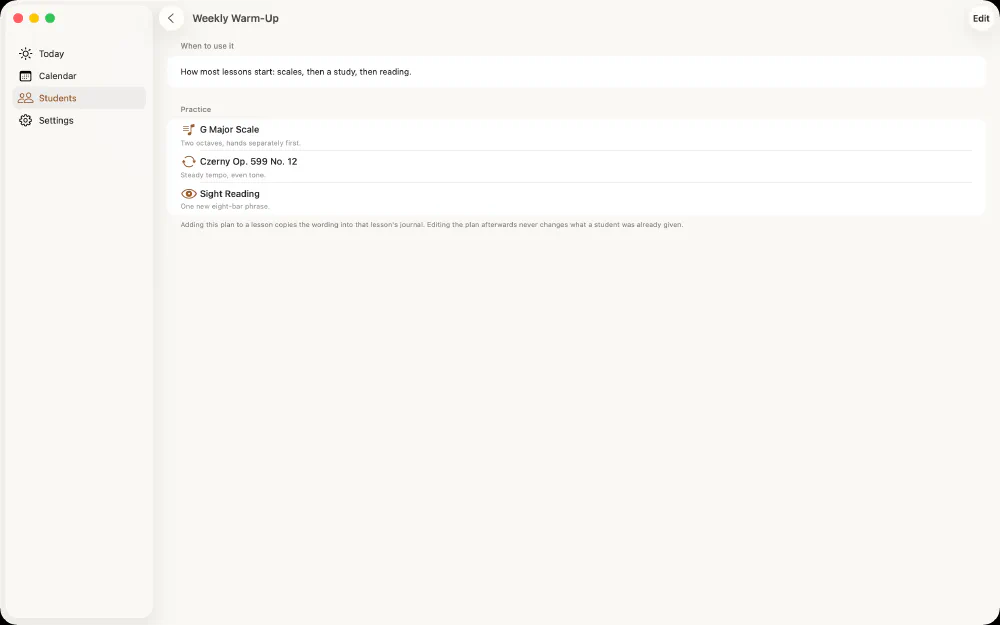 A lesson plan template in Stavebook on the Mac