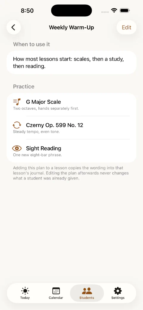 A lesson plan template in Stavebook