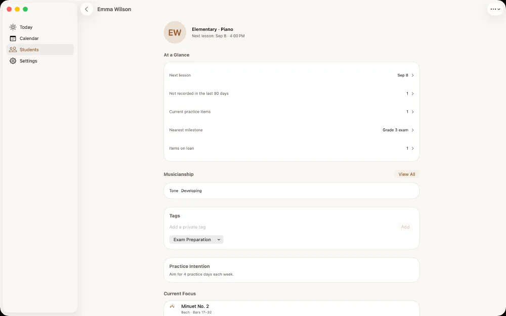 A student's record in Stavebook on the Mac with schedules, repertoire, and notes