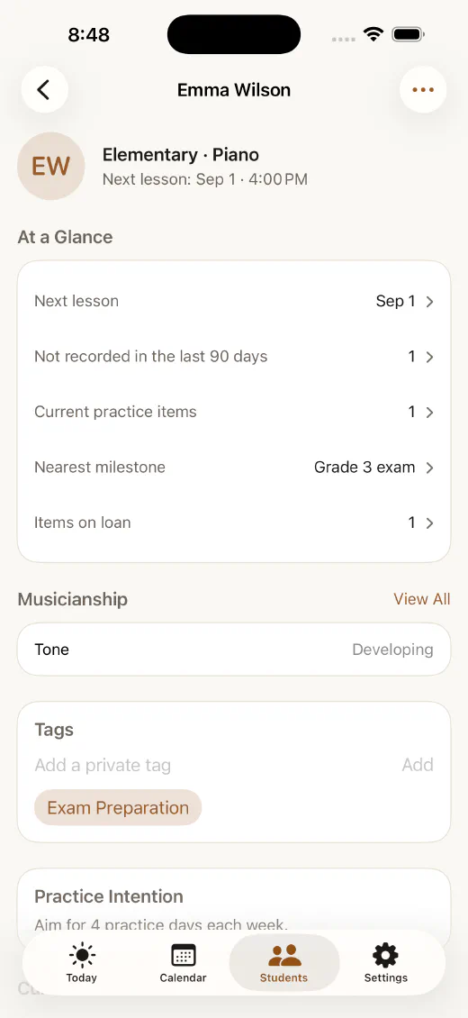 A student's record in Stavebook with schedules, repertoire, and notes