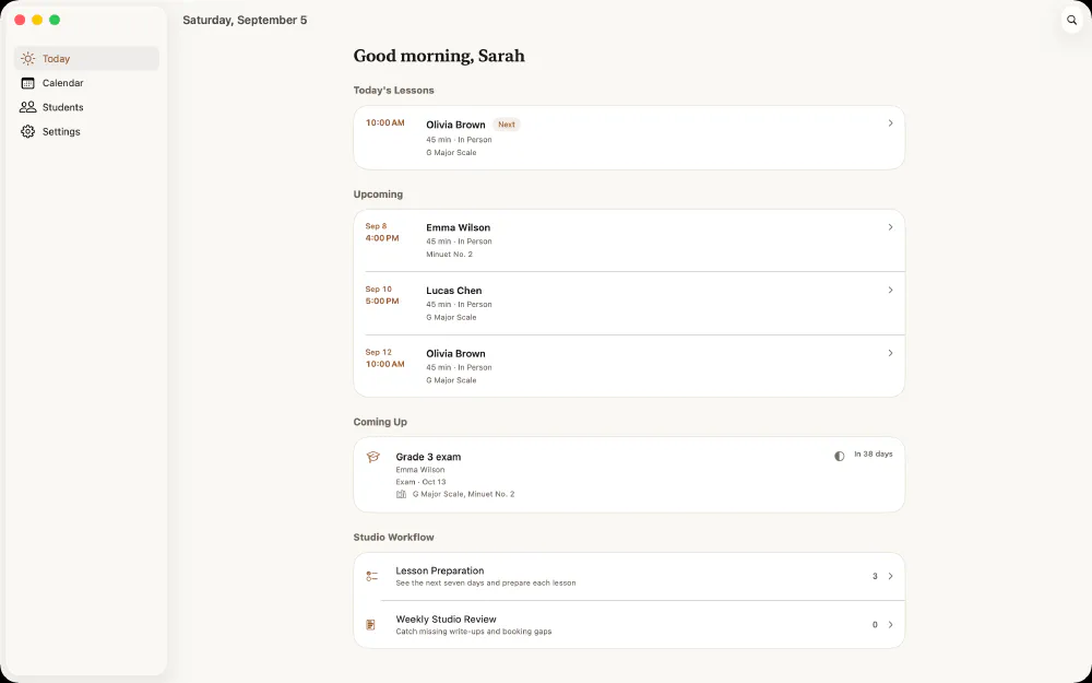 Stavebook's Today view on the Mac showing the day's lessons and studio notes