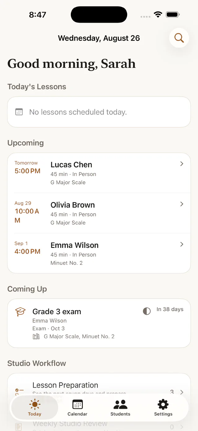 Stavebook's Today view showing the day's lesson schedule and studio notes