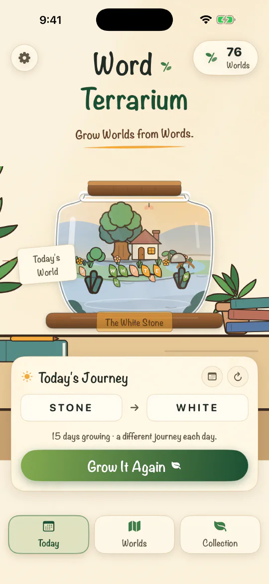 A Word Terrarium puzzle with a young world beginning to grow under glass